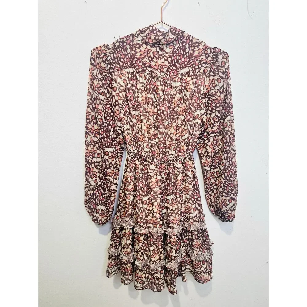 RACHEL PARCELL Animal Print Tie Neck Puff Sleeve Butterfly Mini Dress Size XS